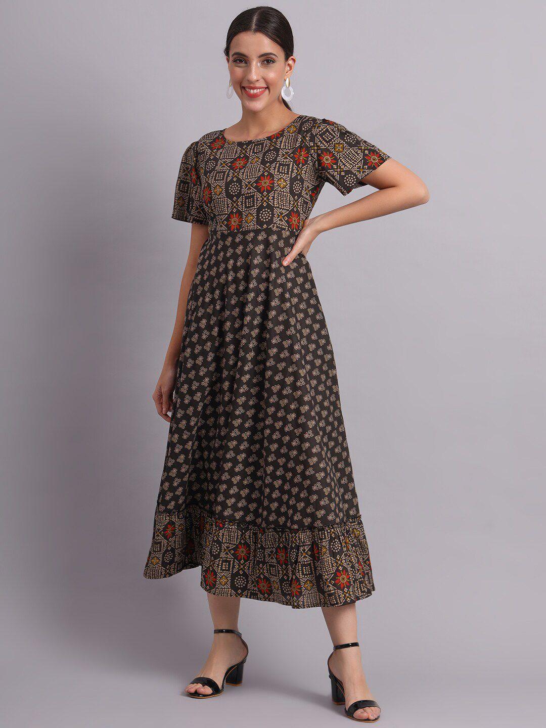 deckedup ethnic motifs printed cotton a-line midi dress
