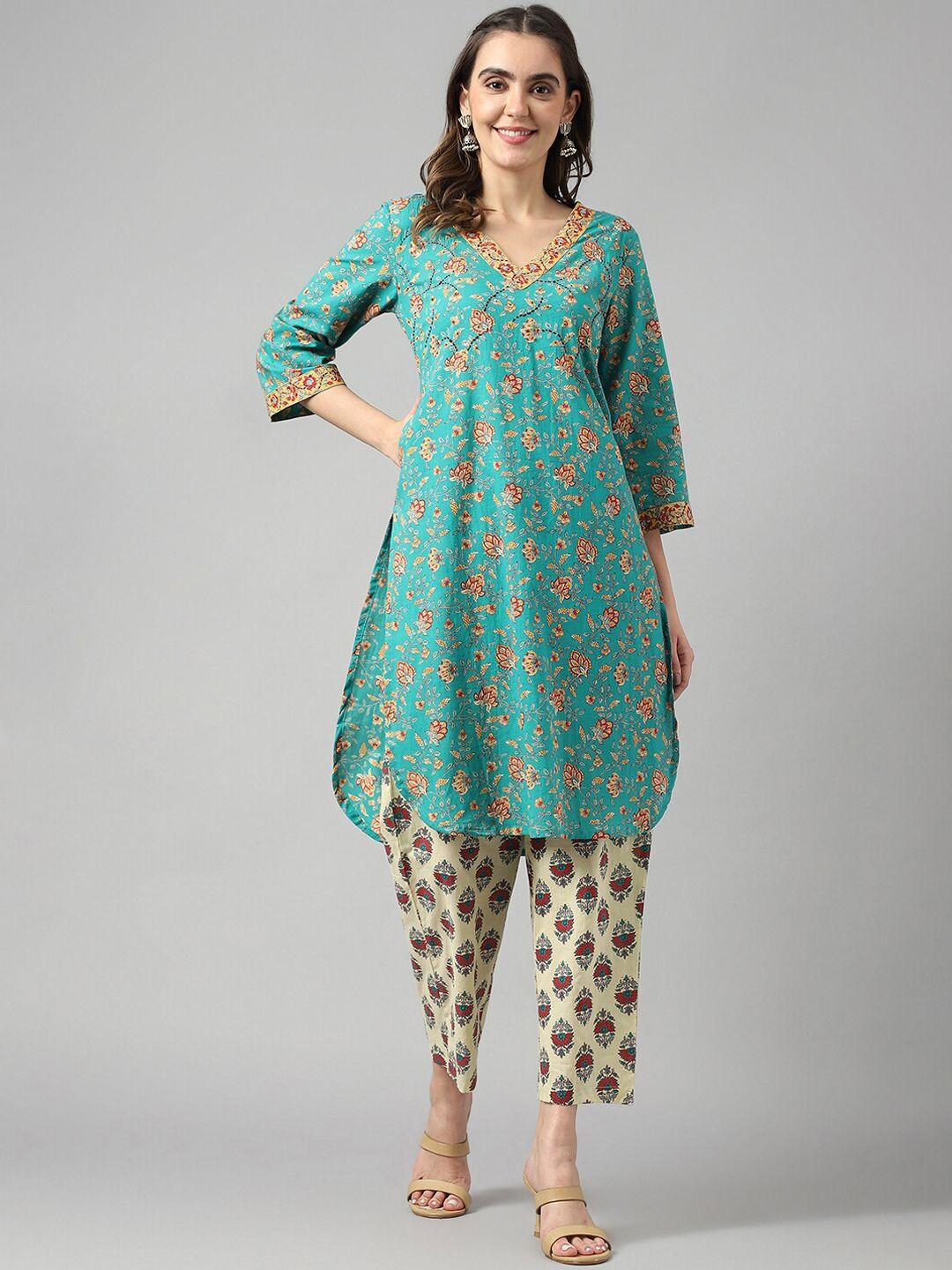 deckedup ethnic motifs printed thread work curved pure cotton kurta with trousers
