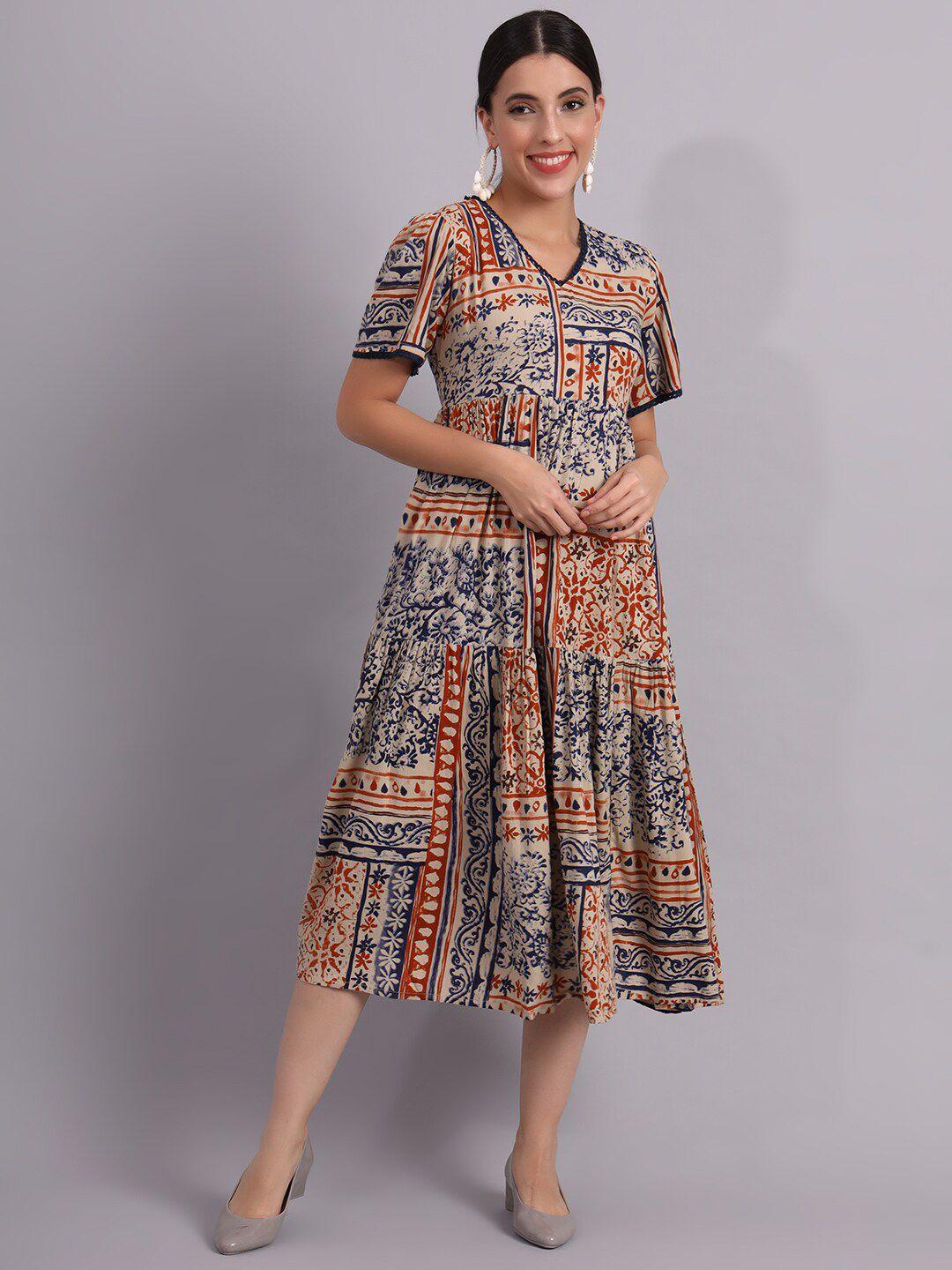 deckedup ethnic motifs printed v-neck puff sleeves gathered casual fit & flare midi dress