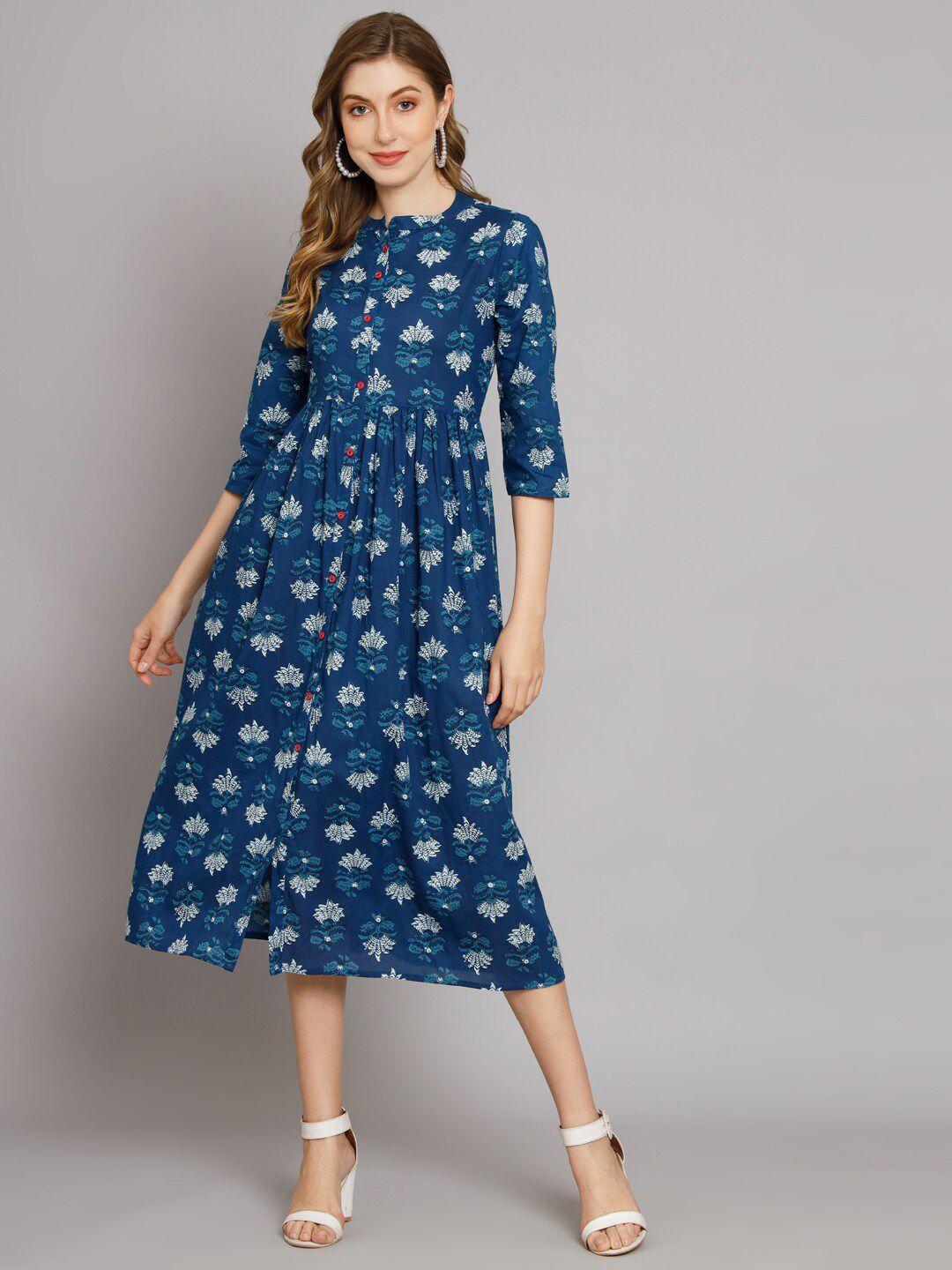 deckedup floral print band collar cotton a-line midi dress