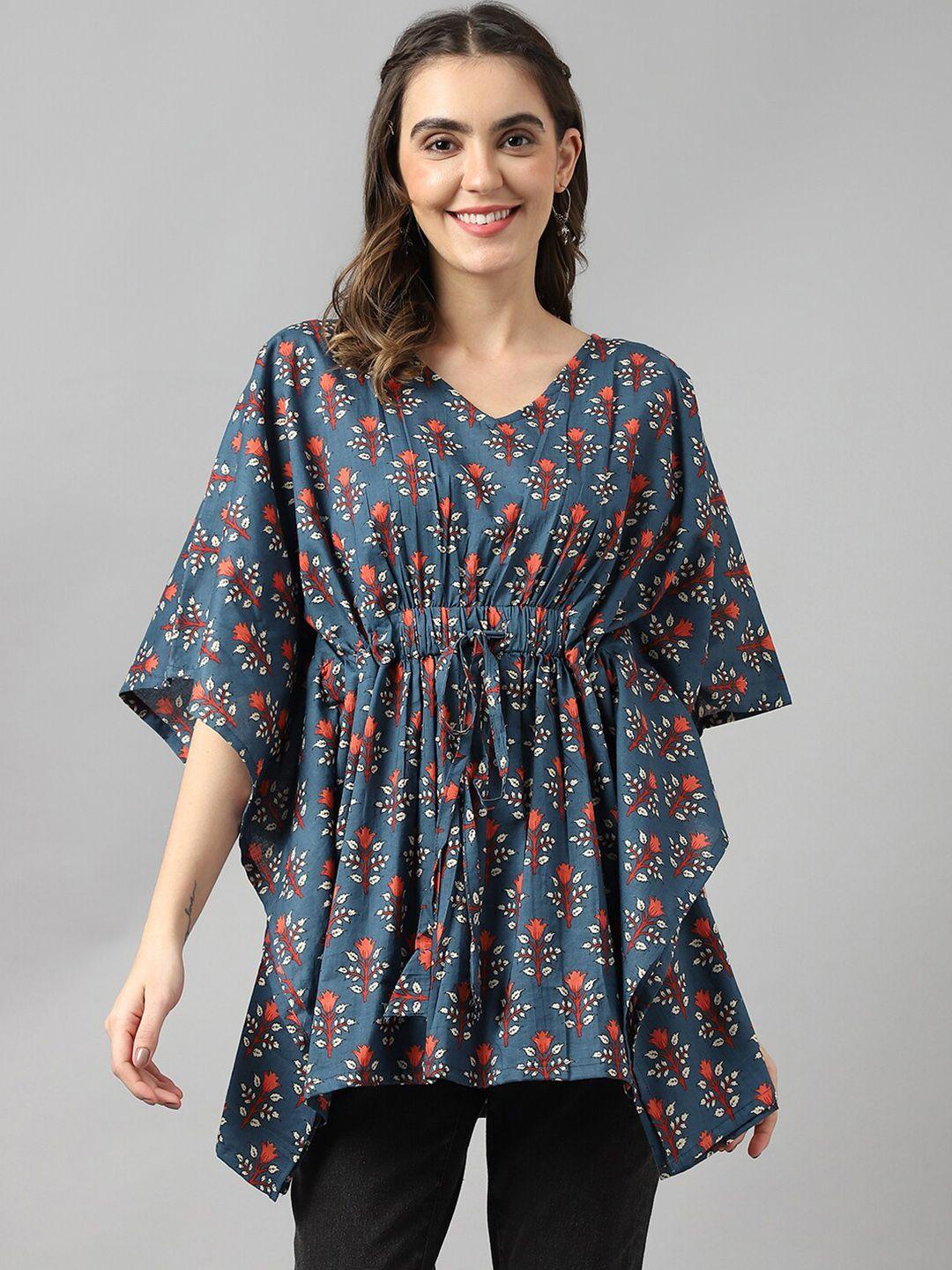 deckedup floral print extended sleeves kaftan cotton longline top