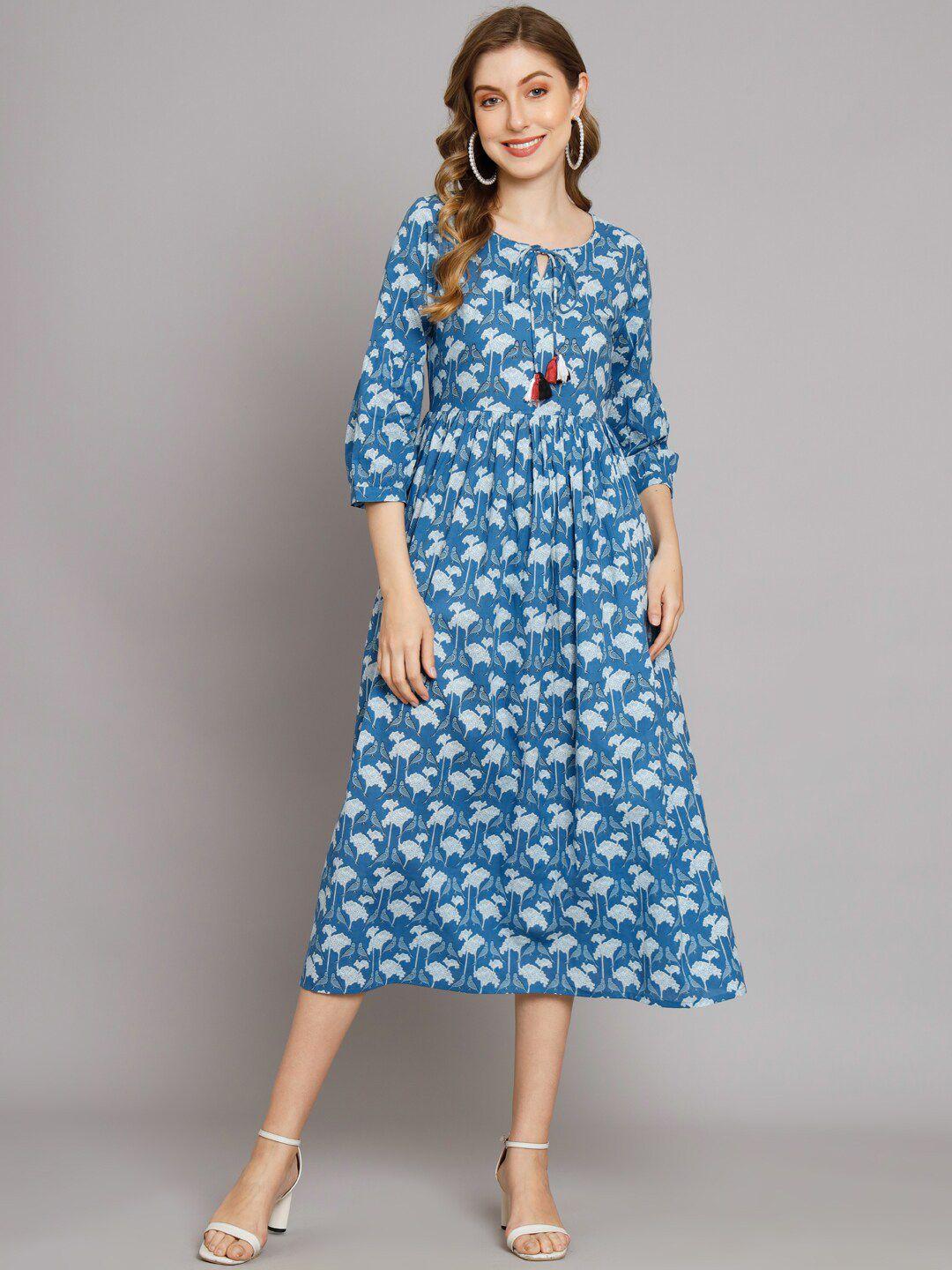 deckedup floral print tie-up neck cotton a-line midi dress