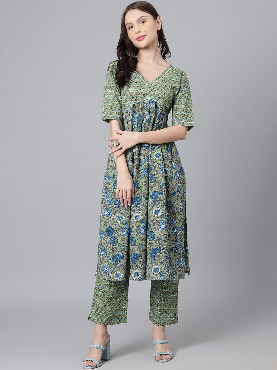 deckedup floral printed empire v-neck kurta with trousers