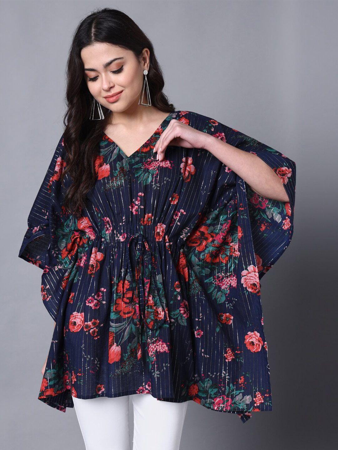 deckedup floral printed flared sleeve cotton kaftan top