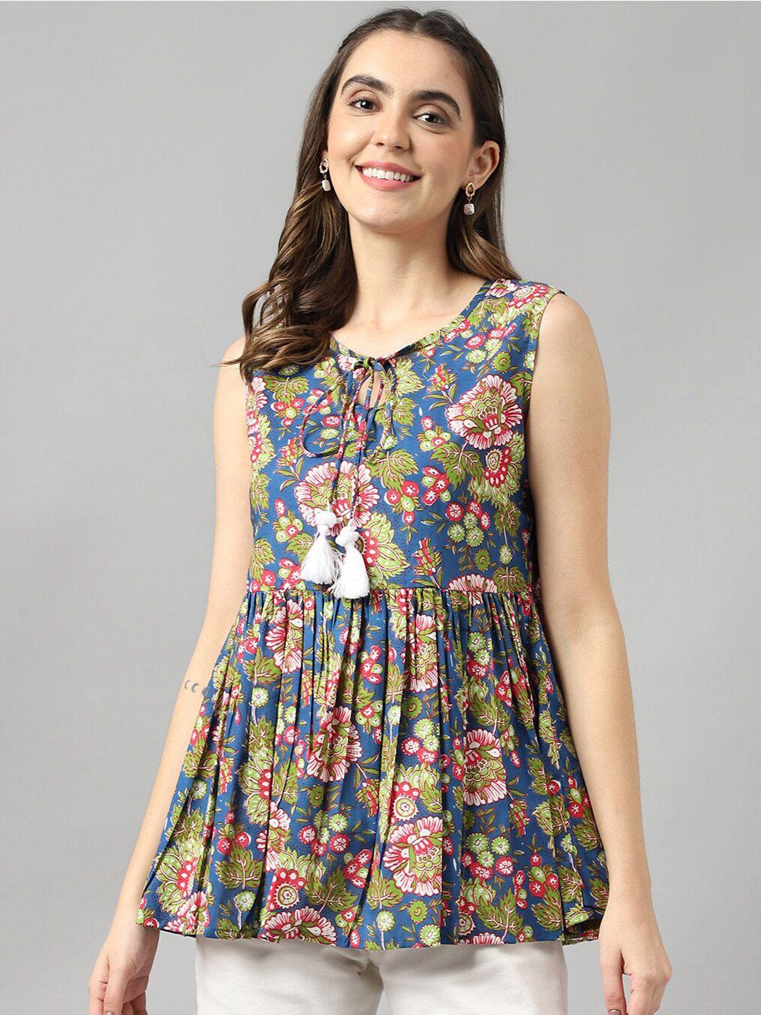 deckedup floral printed tie-up neck cinched waist top