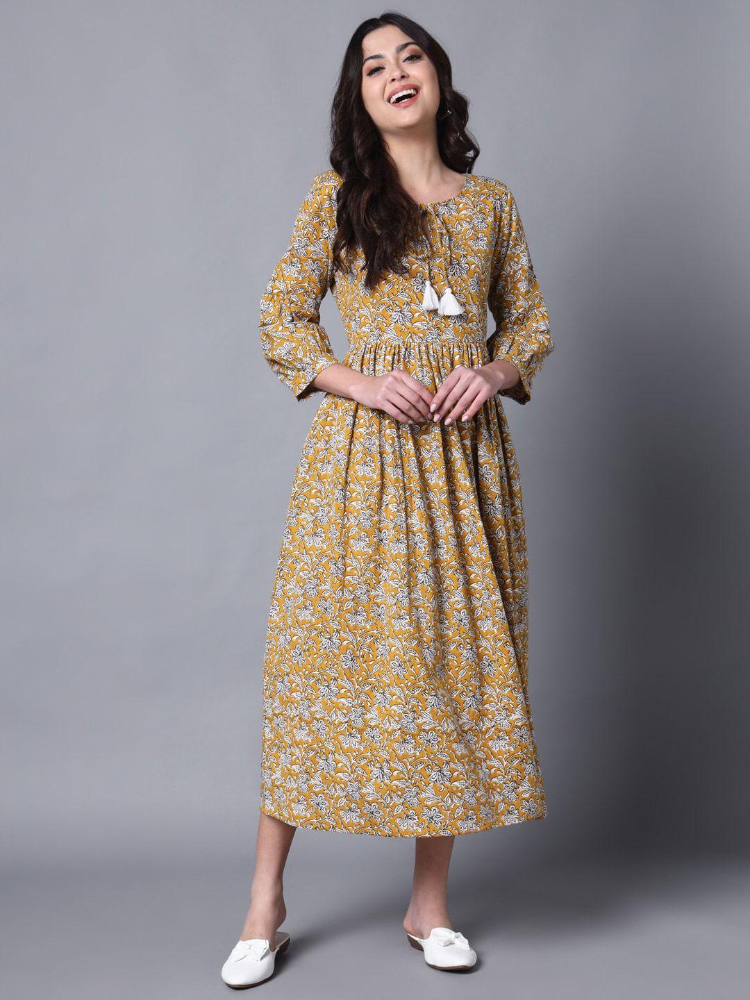 deckedup floral printed tie-up neck cotton a-line midi dress