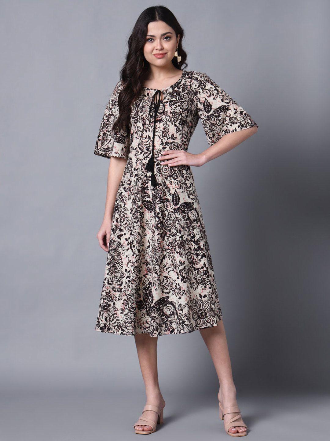 deckedup floral printed tie-up neck flared sleeve cotton a-line midi dress