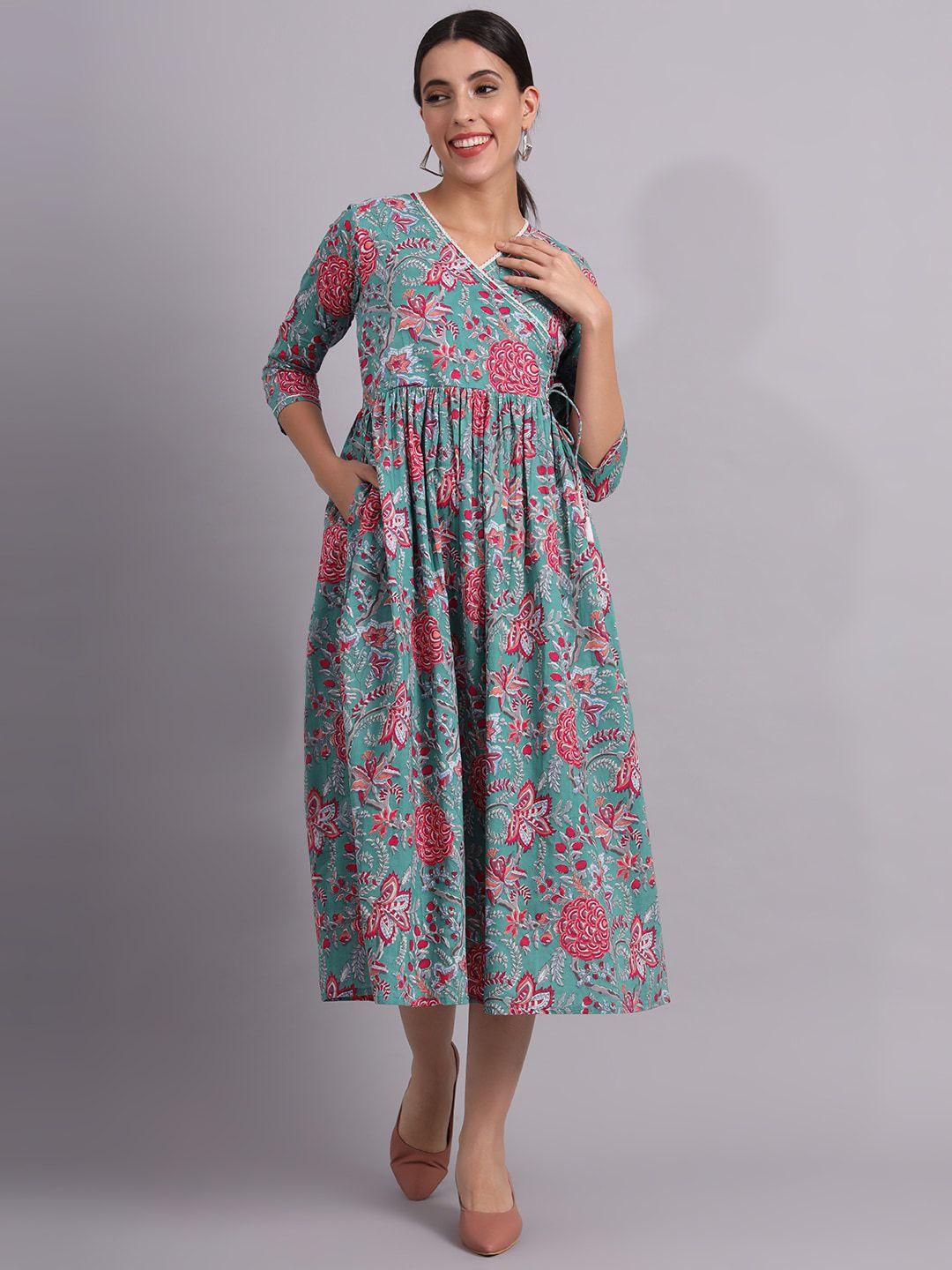 deckedup floral printed v-neck gathered cotton empire midi dress