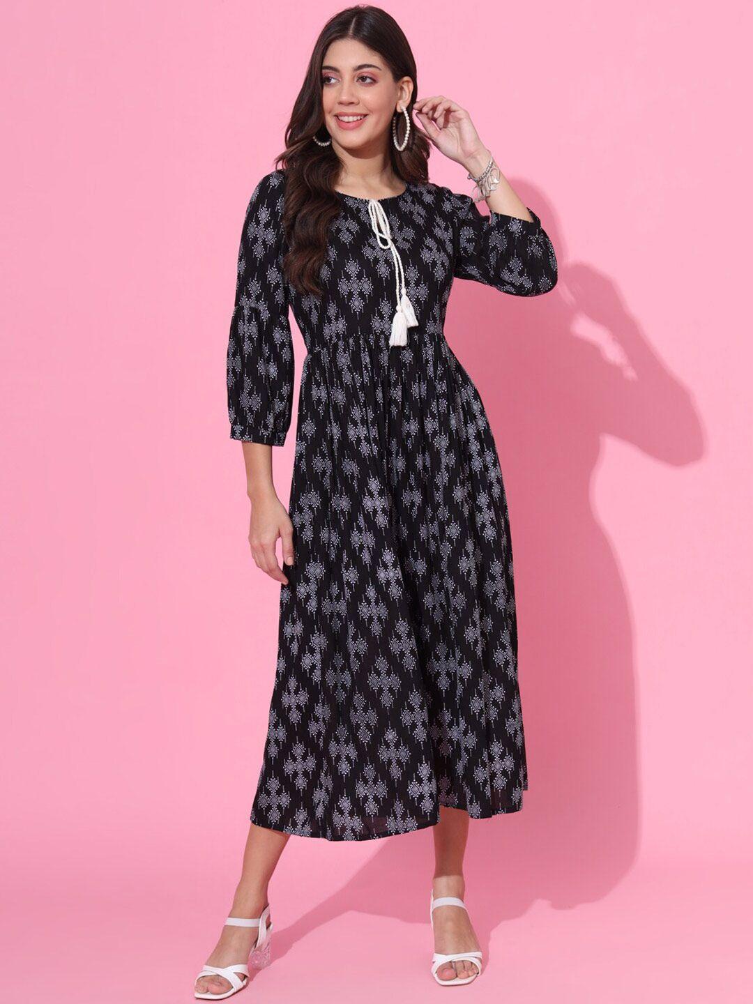 deckedup geometric printed tie up neck a-line midi dress