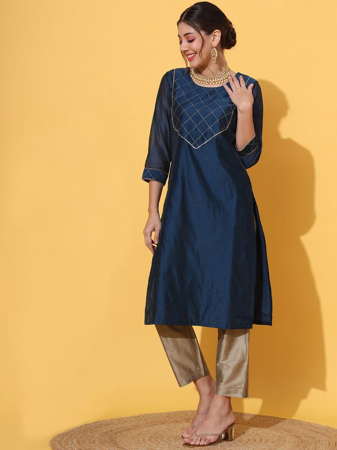 deckedup geometric yoke design gotta patti chanderi cotton straight kurta