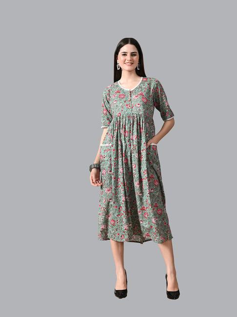 deckedup green cotton floral print midi dress