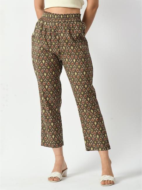 deckedup grey cotton printed trousers