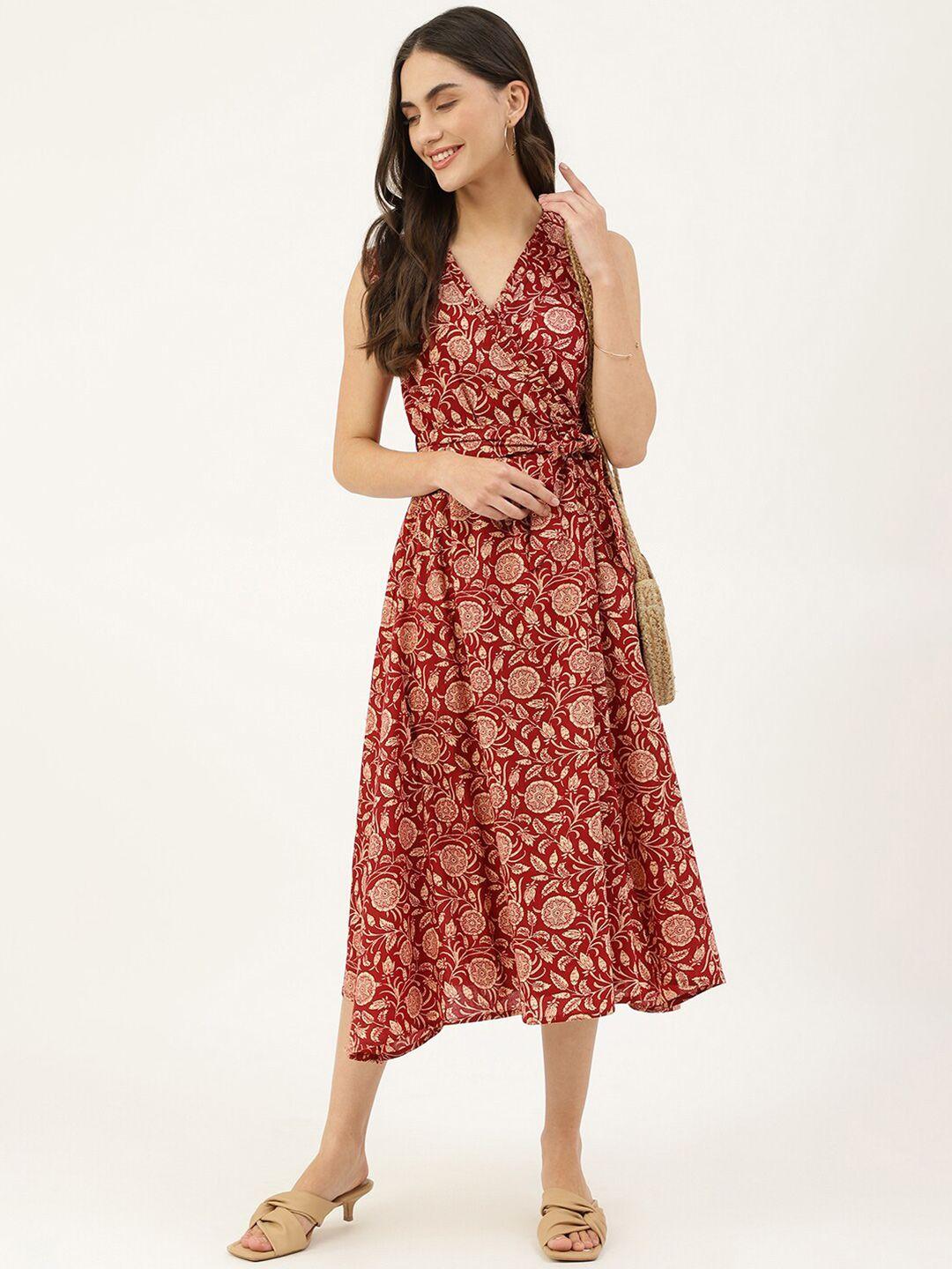 deckedup maroon & beige v-neck floral wrap midi dress