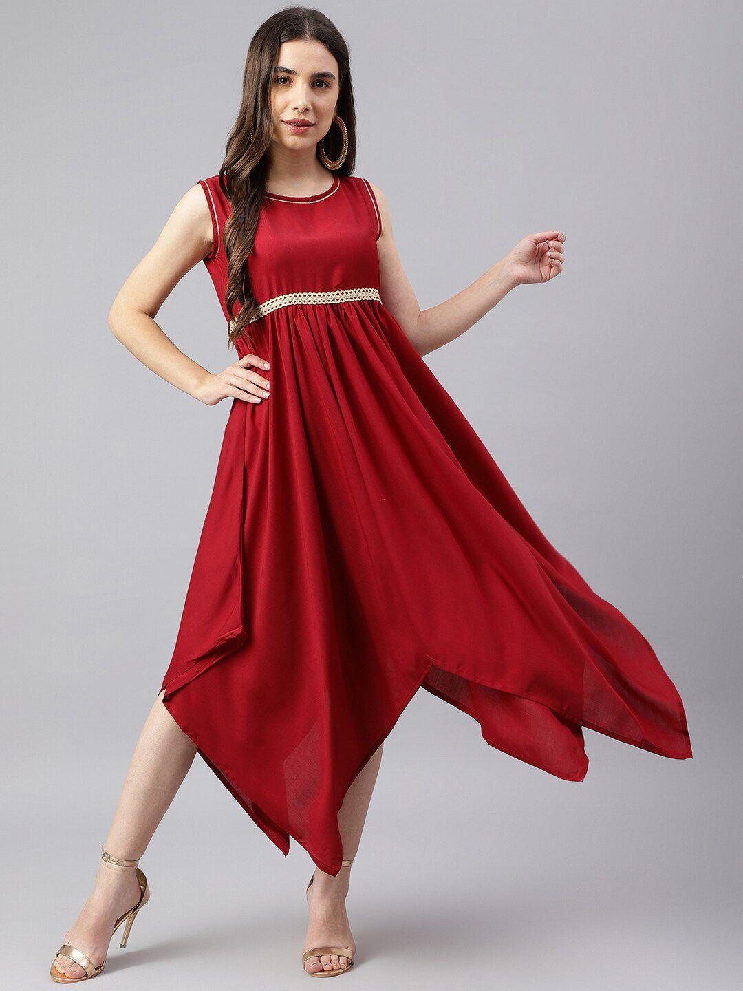 deckedup maroon asymmetric hem midi dress