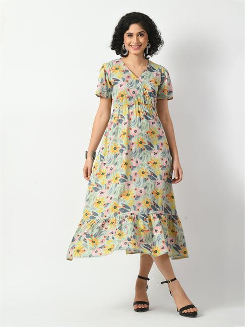 deckedup multicolor cotton floral print midi dress