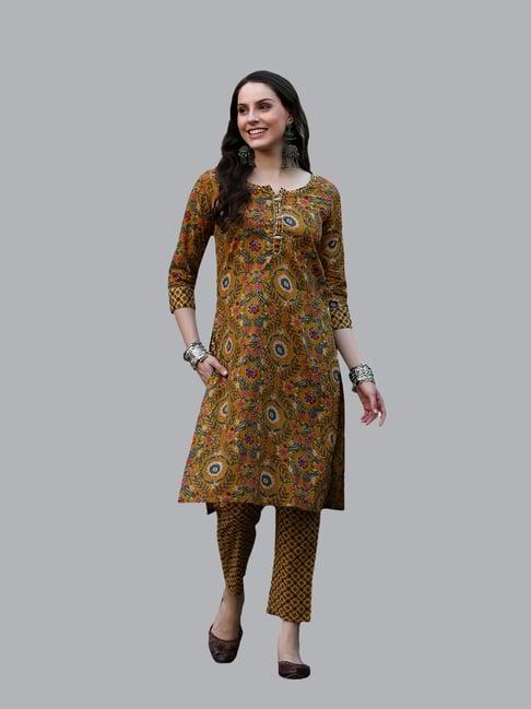 deckedup mustard cotton floral print kurta with pants