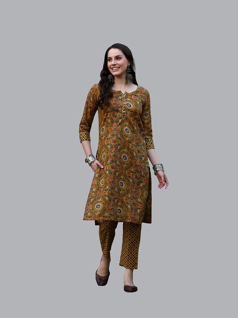 deckedup mustard cotton printed kurta