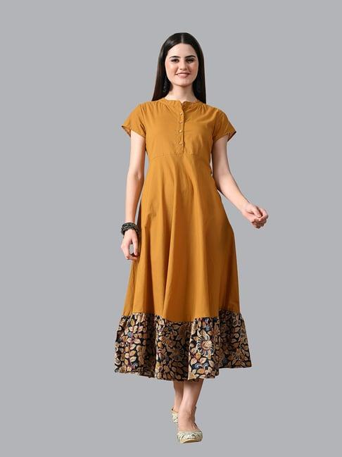 deckedup mustard cotton printed midi dress