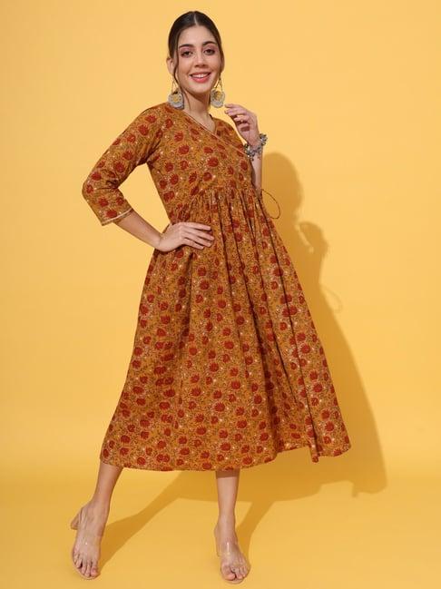 deckedup mustard floral print fit & flare dress