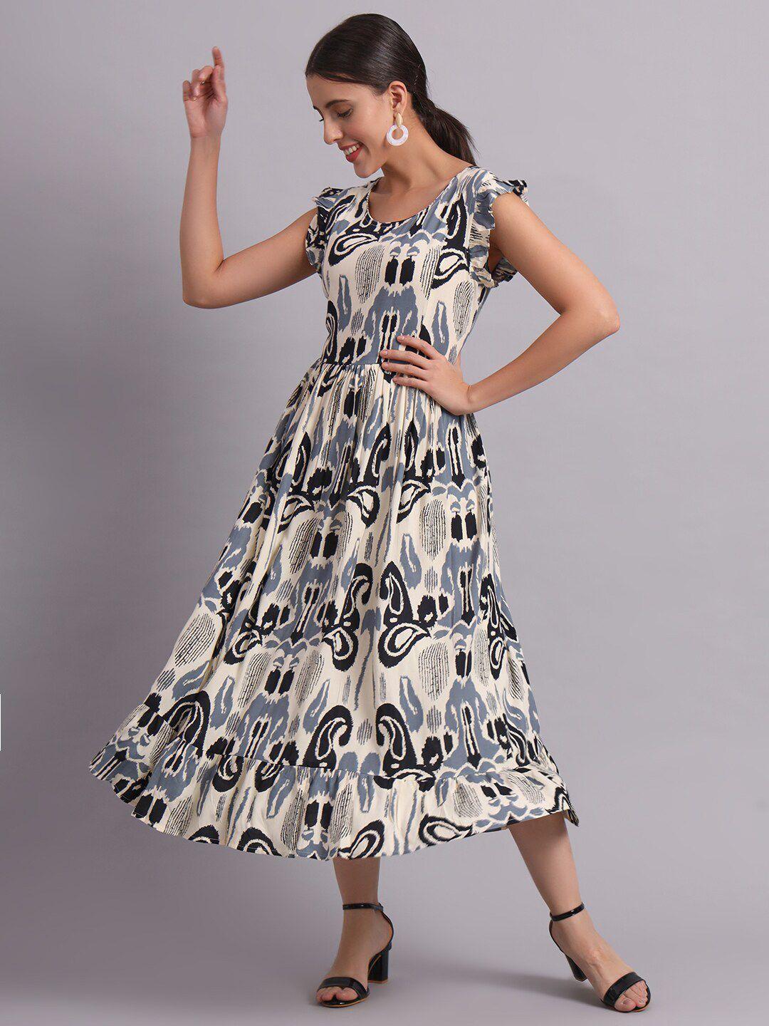 deckedup off white ethnic motifs print fit & flare midi dress