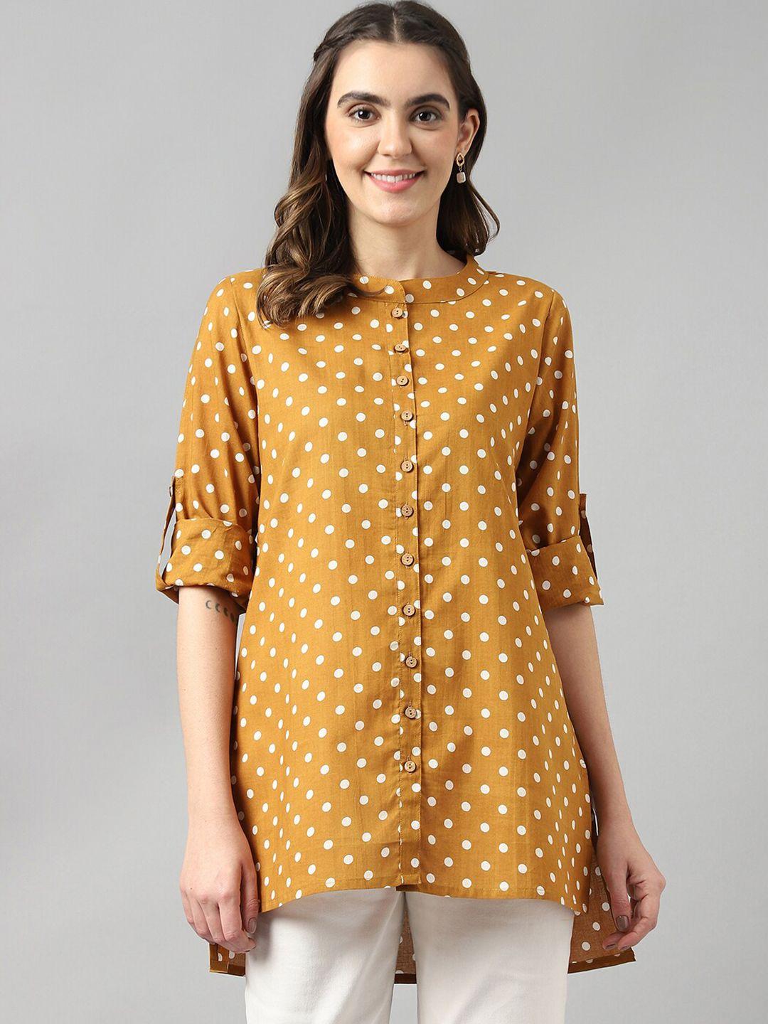 deckedup polka dots print roll-up sleeves high-low cotton longline shirt style top