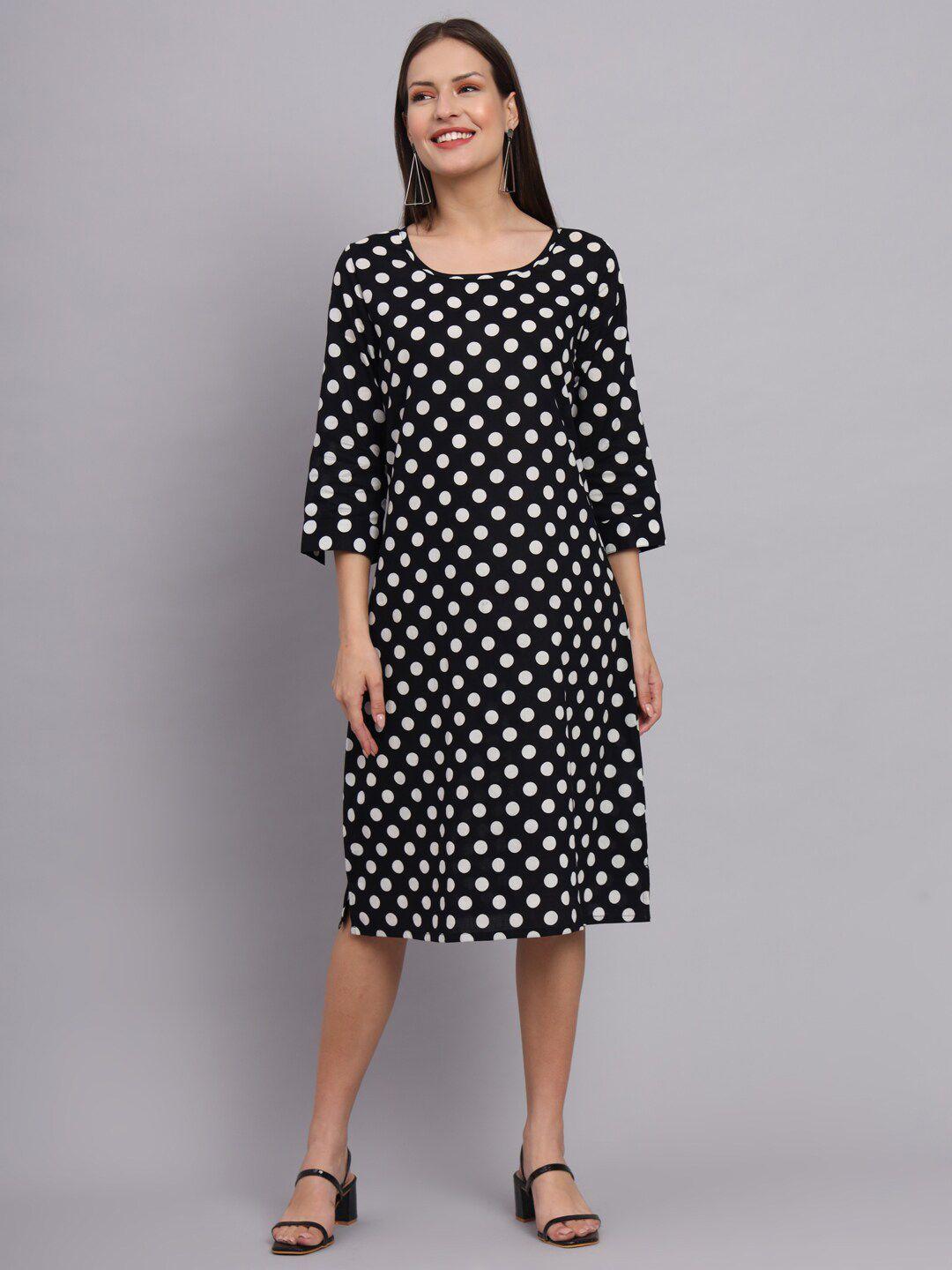 deckedup polka dots printed cotton a line dress