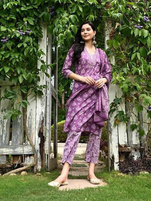 deckedup purple & white embroidered kurta with pants & dupatta