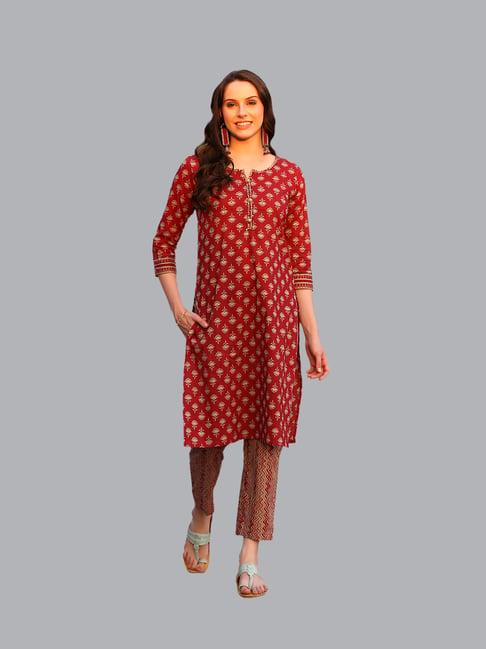 deckedup red cotton embellished kurta with pants