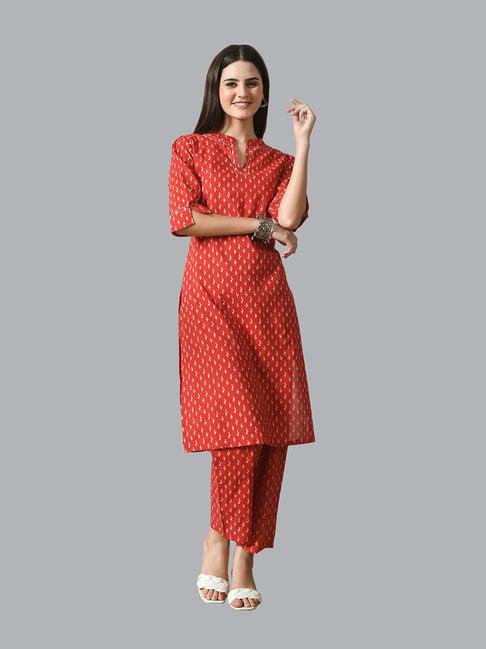 deckedup red cotton printed kurta with pants