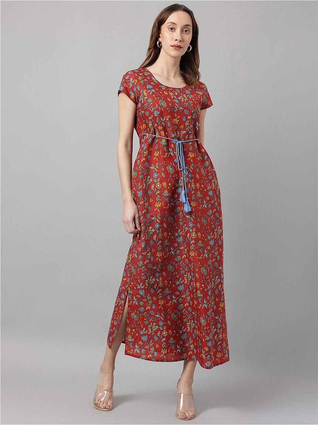 deckedup round neck floral printed cotton maxi dress with belt