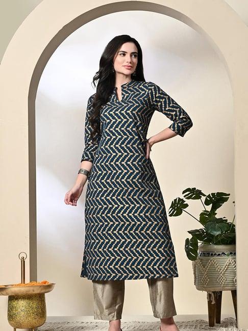 deckedup teal printed kurta with pants