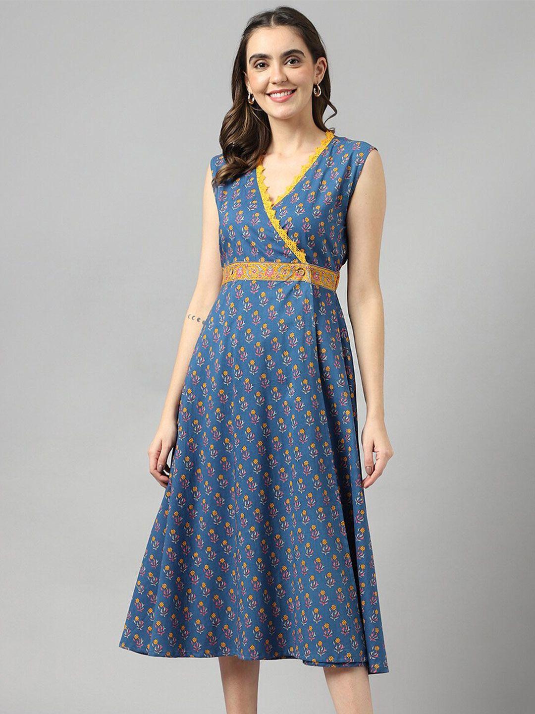 deckedup v-neck ethnic motifs printed fit & flared cotton dress