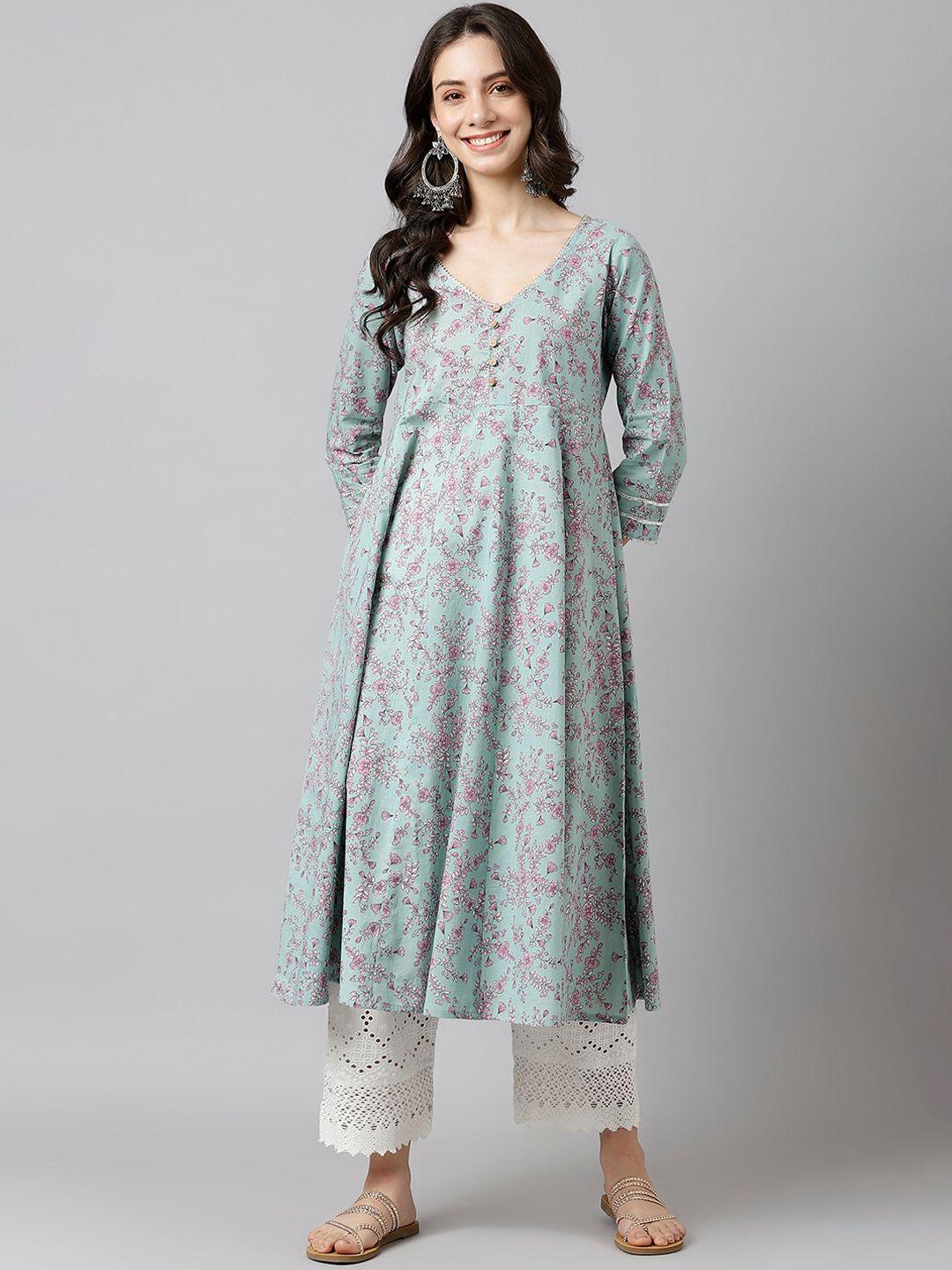 deckedup v-neck floral printed anarkali kurta