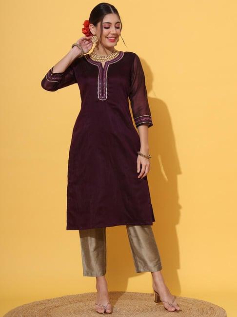 deckedup wine embellished kurta with pants