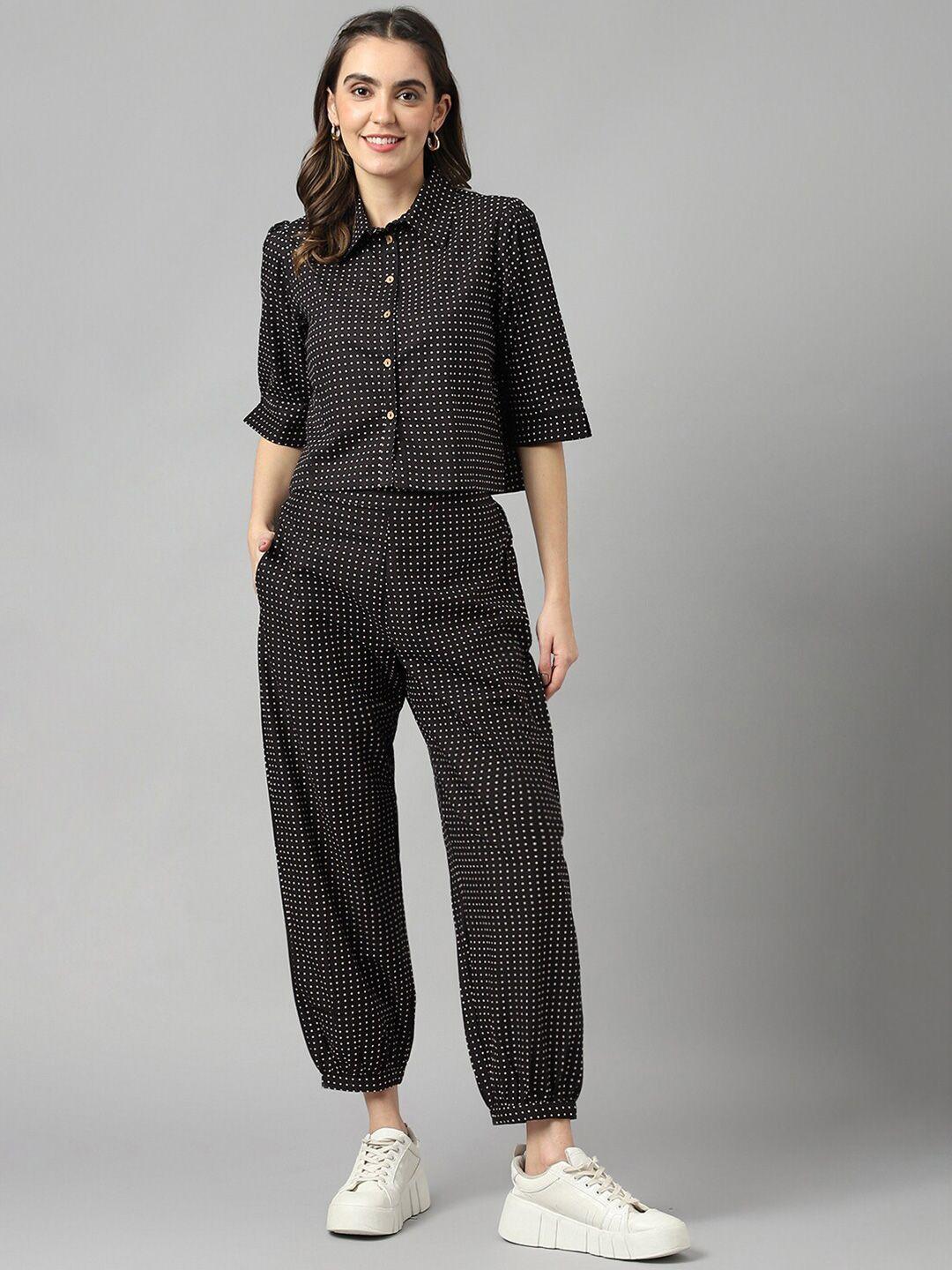 deckedup women black & white printed shirt with trousers