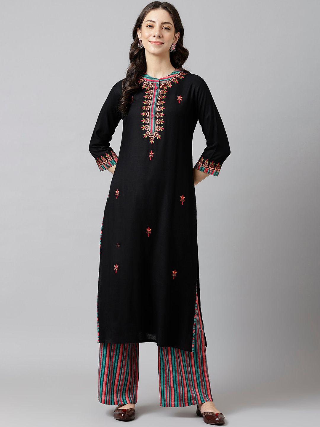 deckedup women black floral embroidered phulkari kurta