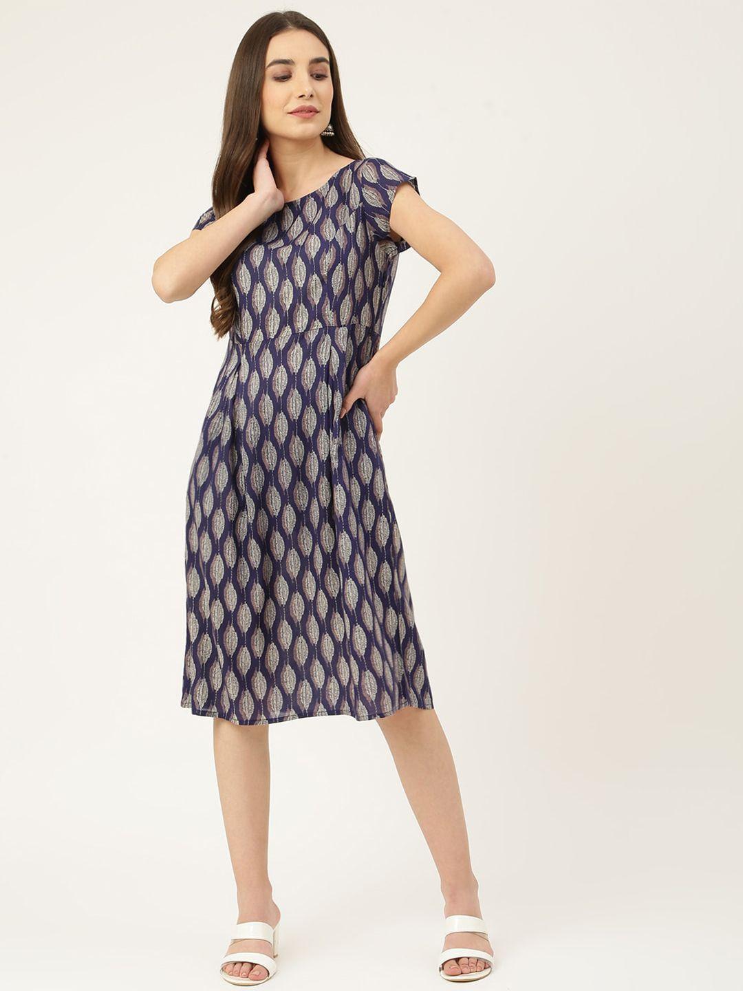 deckedup women blue printed a-line dress