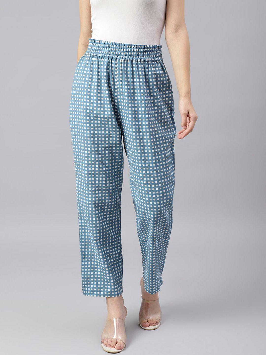 deckedup women blue printed relaxed high-rise easy wash trouser