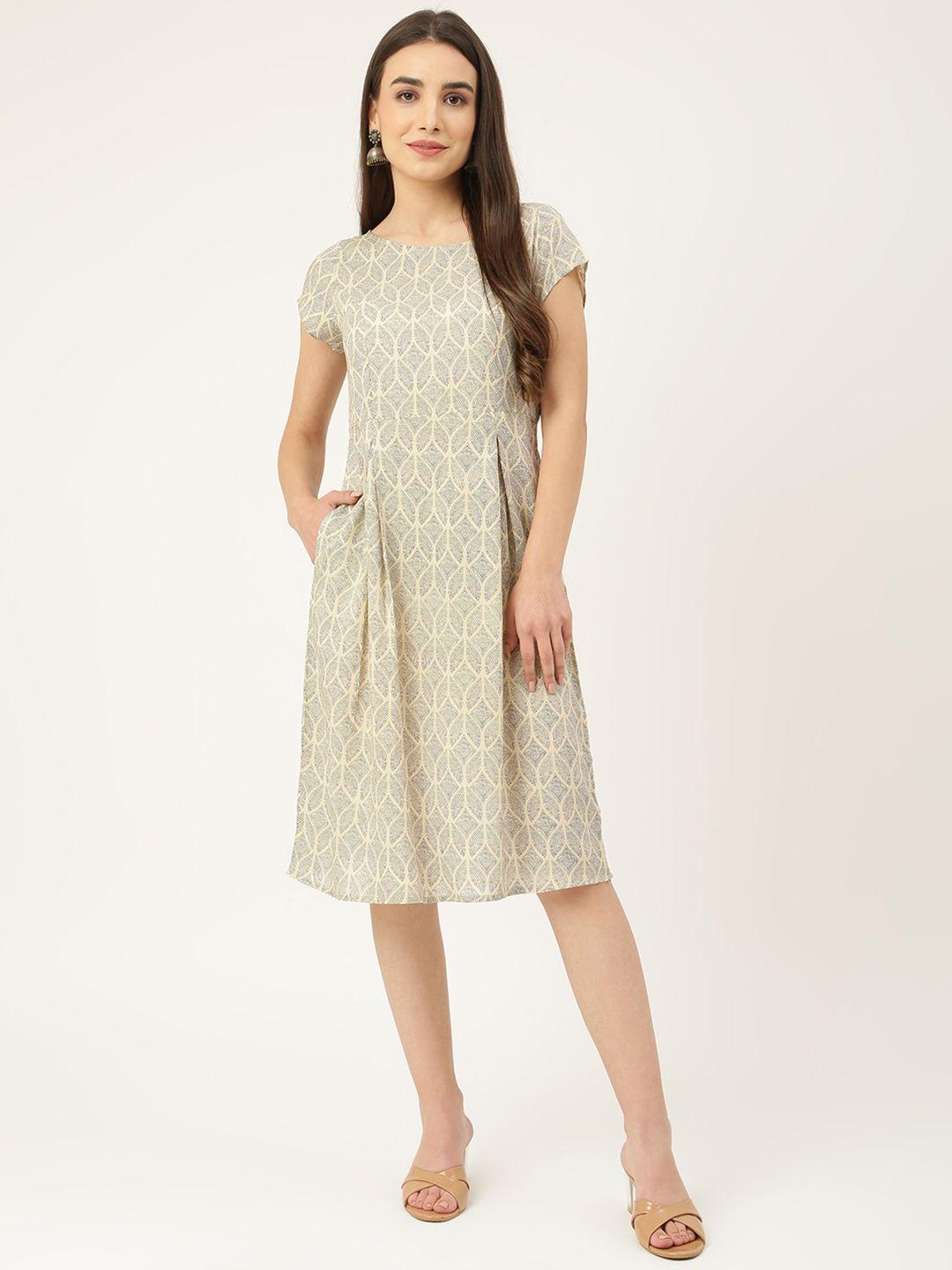 deckedup women cream-coloured printed a-line dress