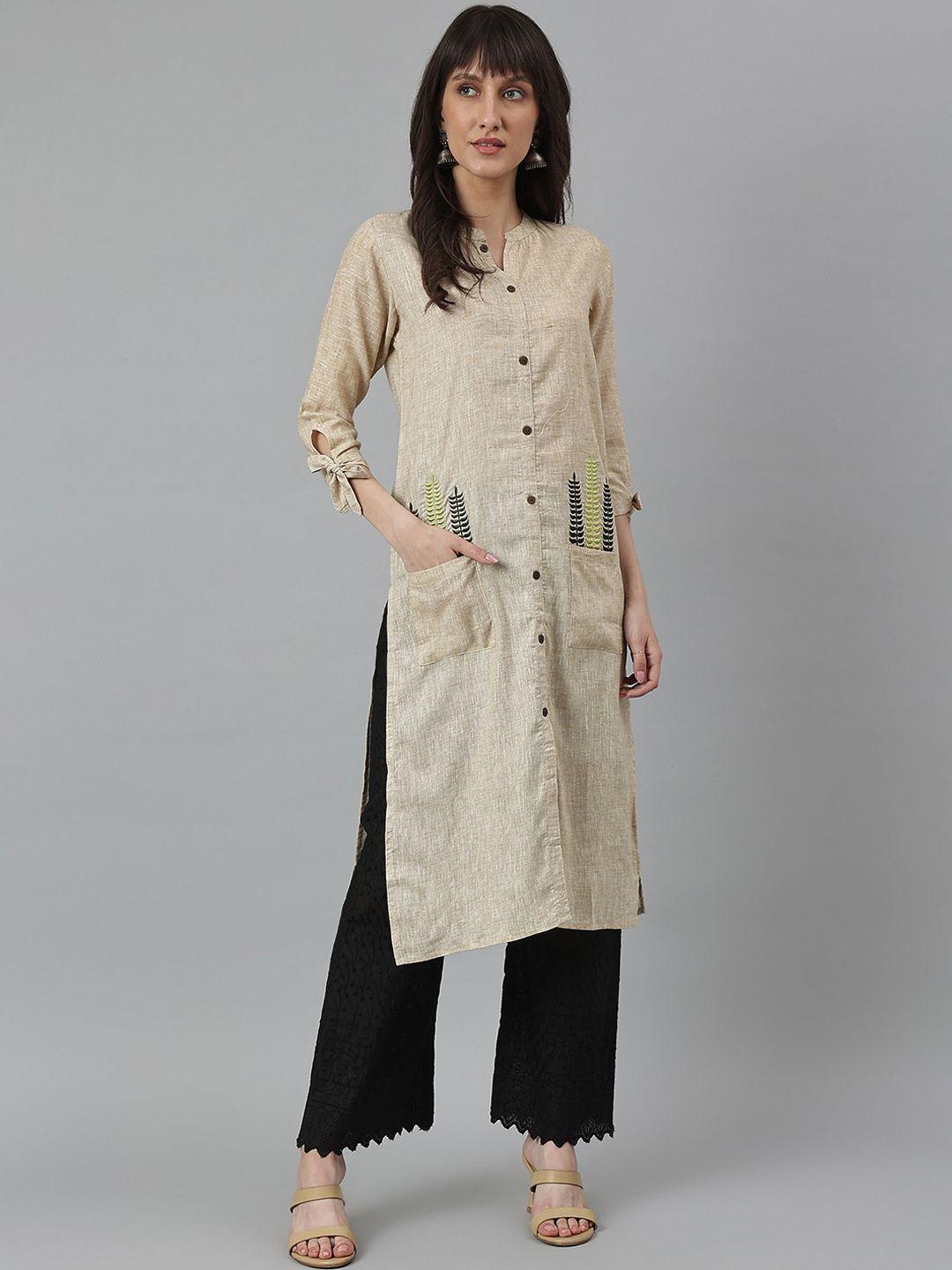 deckedup women cream-coloured striped thread work kurta