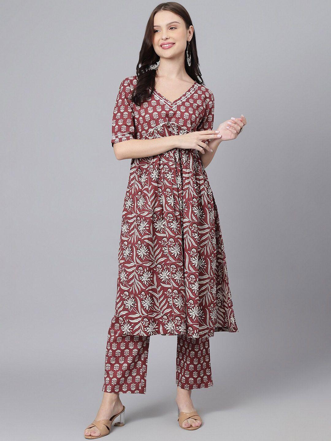 deckedup women floral printed pleated kurta with trousers