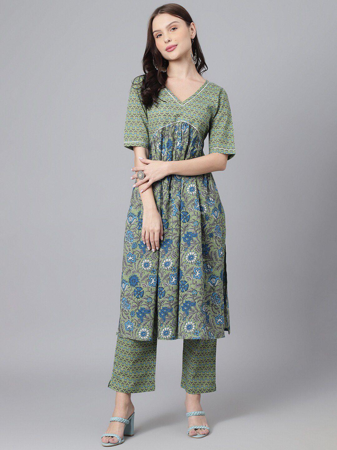 deckedup women floral printed pleated pure cotton kurta with trousers