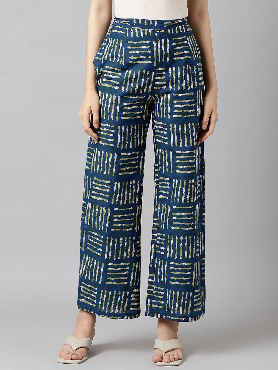 deckedup women green & blue printed relaxed flared trousers