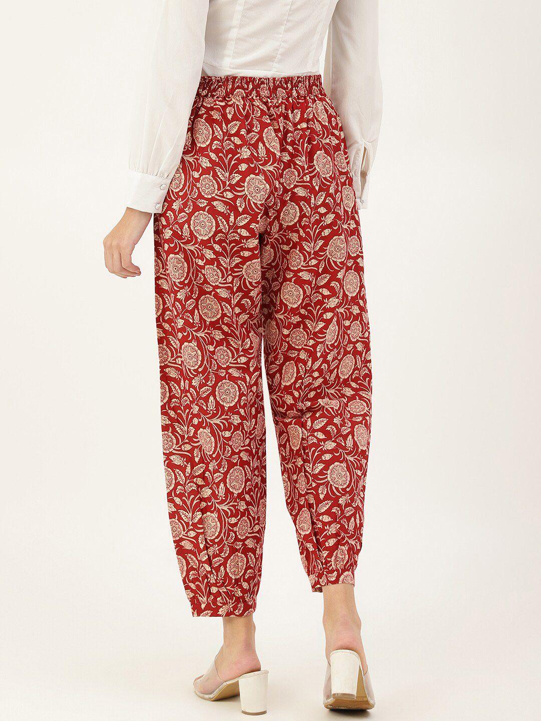 deckedup women maroon ethnic motifs printed relaxed wrinkle free trousers