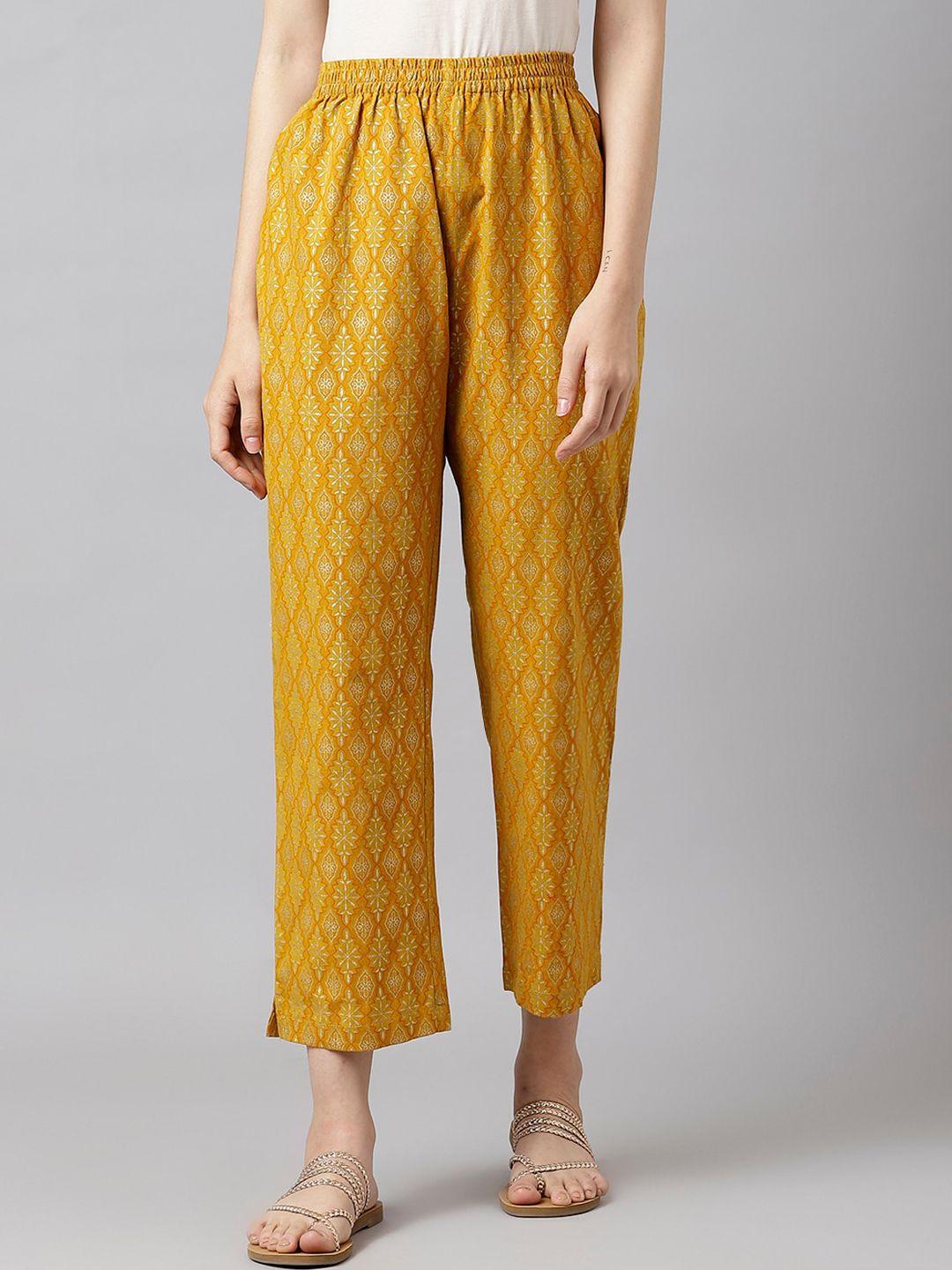 deckedup women mustard yellow ethnic motifs relaxed straight leg straight fit trousers