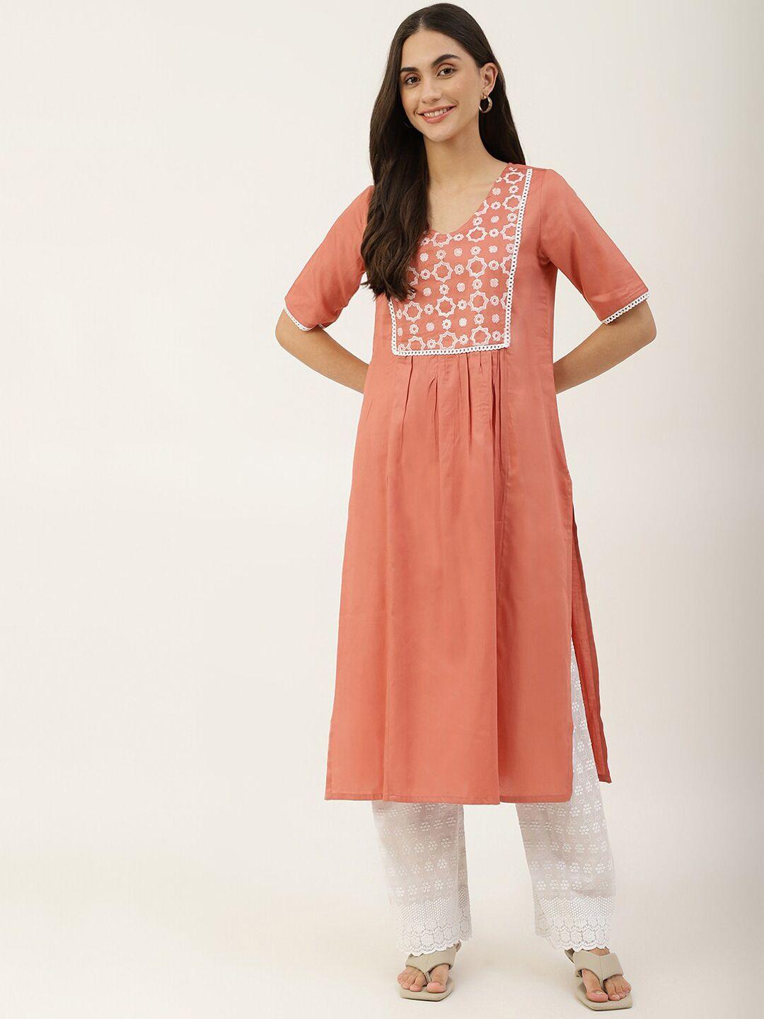 deckedup women peach-coloured geometric yoke design lace work cotton kurta