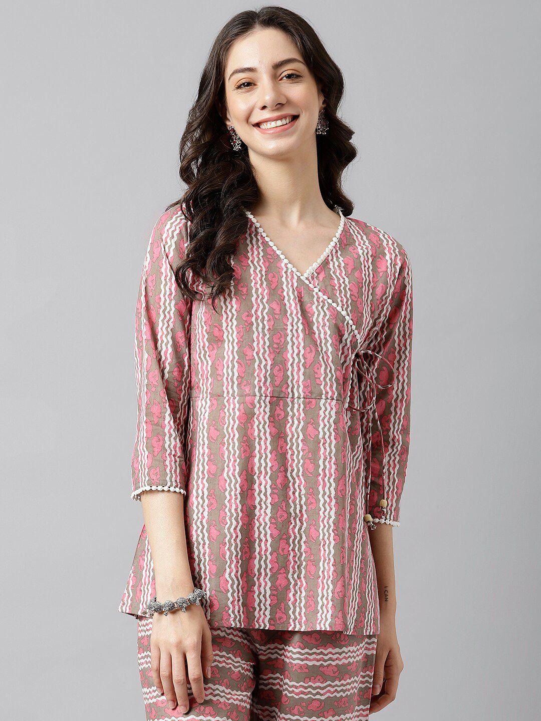 deckedup women pink & white printed v-neck top with palazzo