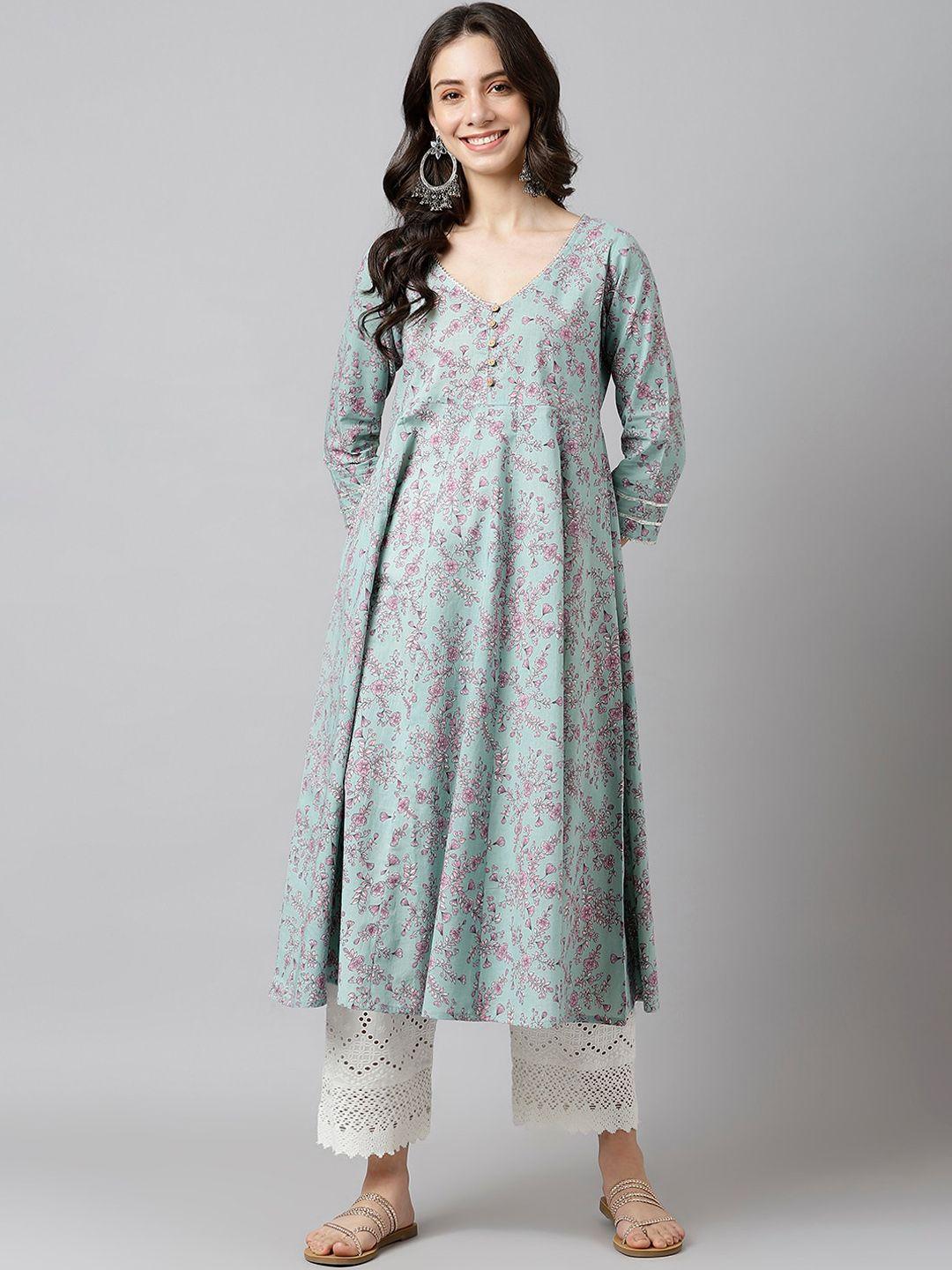 deckedup women turquoise blue & pink cotton kurta