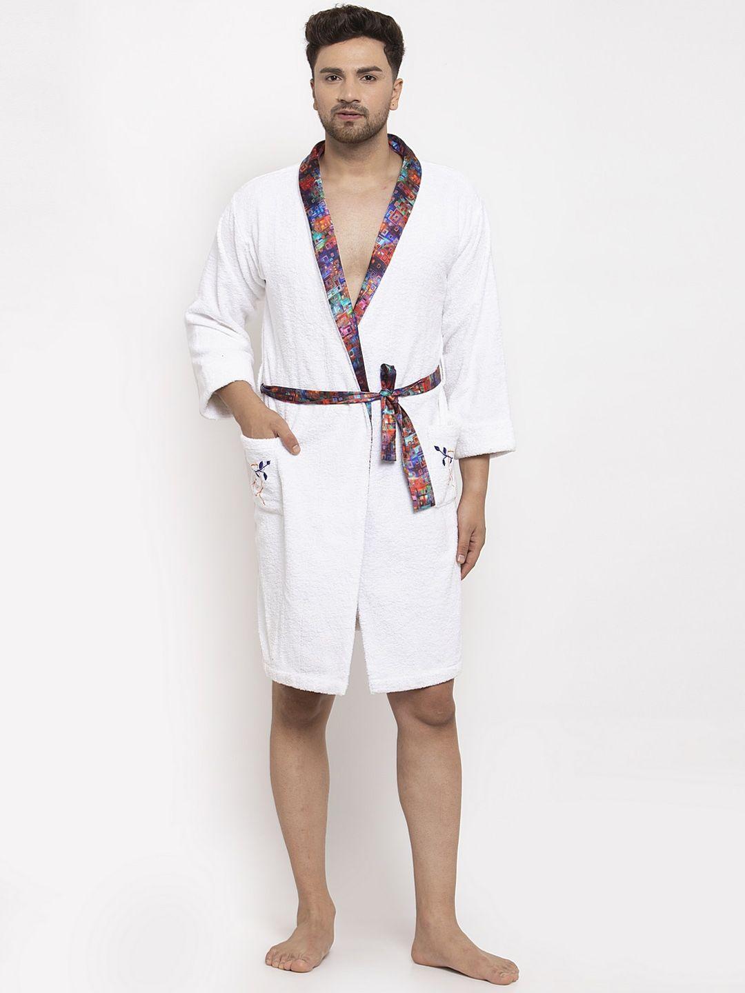 decorealm men white & blue solid bath robe