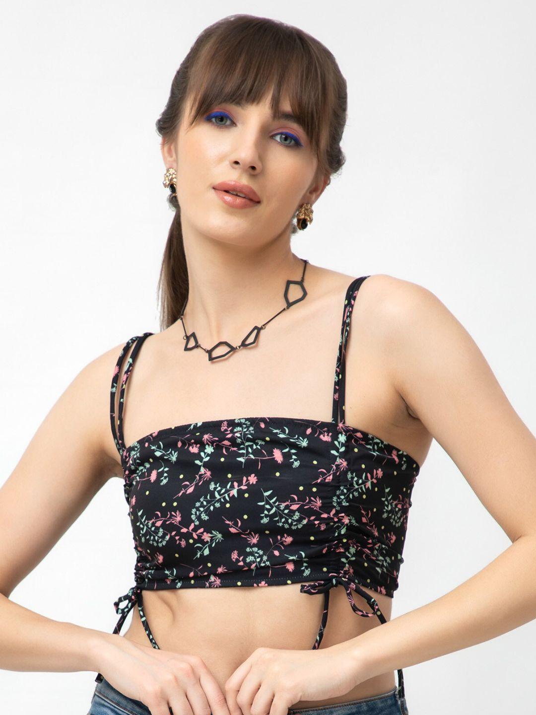 dee monash black floral print crepe bralette crop top